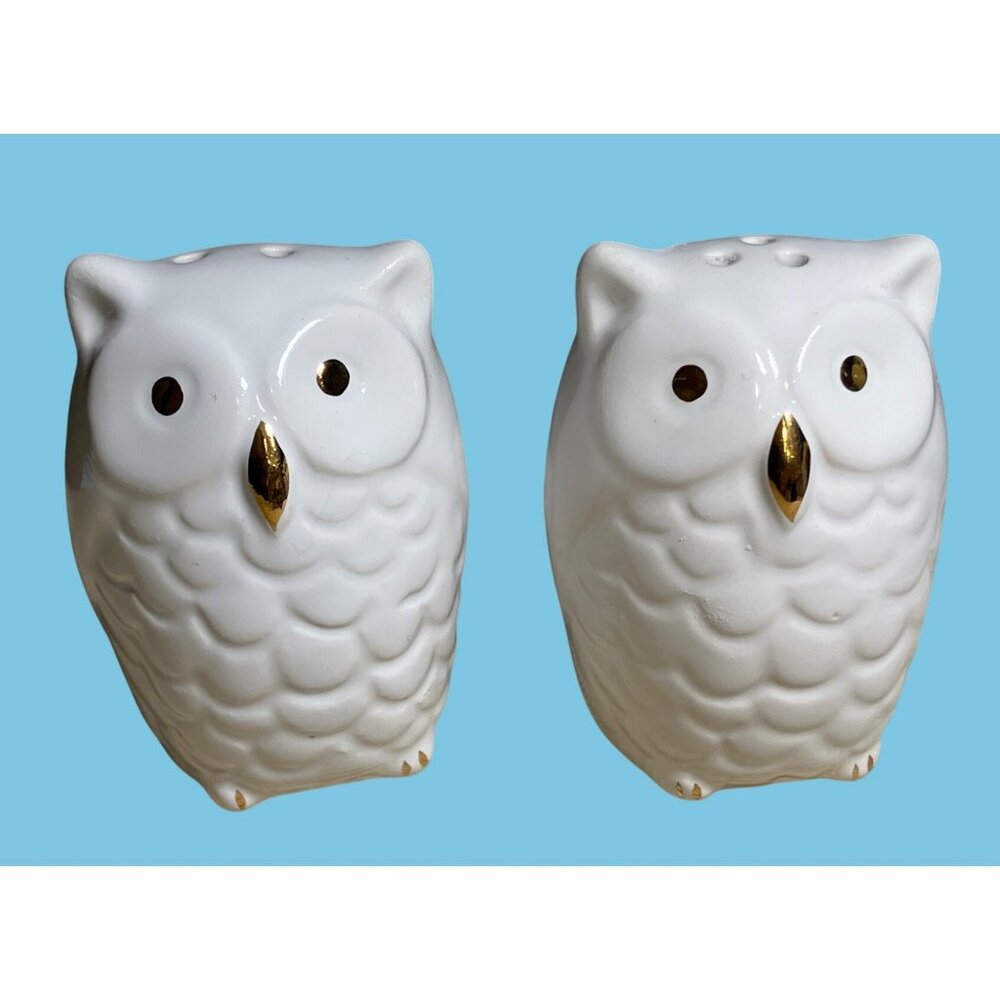 White Ceramic Owl Salt & Pepper Shakers With Gold Colored Accents Vintage